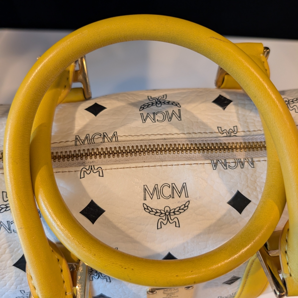 MCM White Visetos Satchel with Yellow Trim - Picture 8 of 10